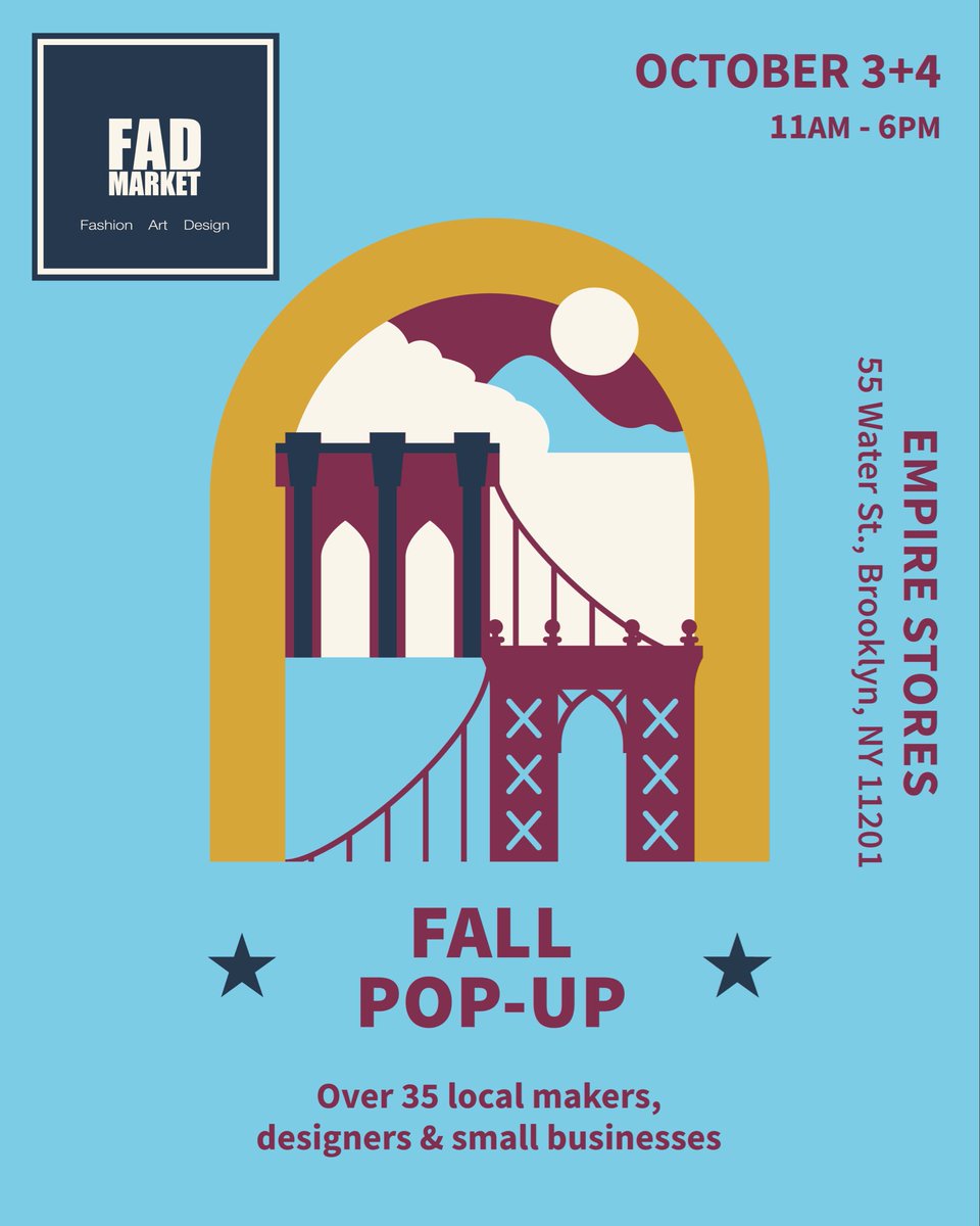 fadmarket's tweet photo. DUMBO, we’re heading back your way this weekend! 🙌

Join us at @empirestoresnyc with an all-new lineup of 35+ independent makers, designers &amp; creative small businesses.

🗓️ Oct 3+4 ⏰ 11am–6pm 📍 55 Water St, DUMBO 🎟️ Free entry

#FADMarket #DUMBO #NYCWeekend https://t.co/dsiEbz8D4y