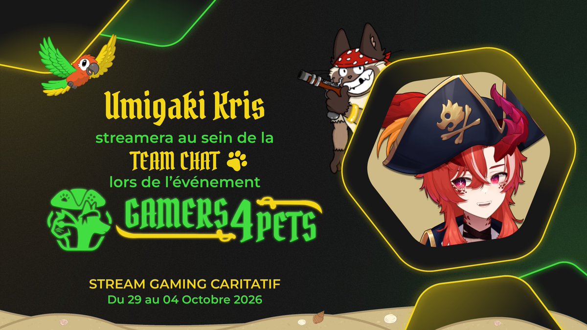 Umigaki_Kris's tweet photo. Le pirate chaotique que je suis poste l'annonce moins de 24h avant 😂

Anyways ALLER LA TEAM CHAT ! Et bon #Gamers4Pets à tous !! https://t.co/qR8jBNgstb