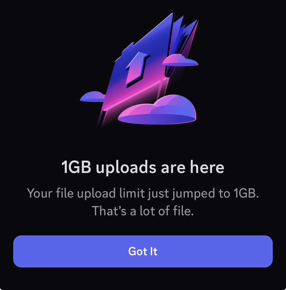 WumpusCentral's tweet photo. Discord started rolling out a new 1 GB upload limit for Nitro users.

Currently available to 1% of all users. https://t.co/cWYZrFQjr3