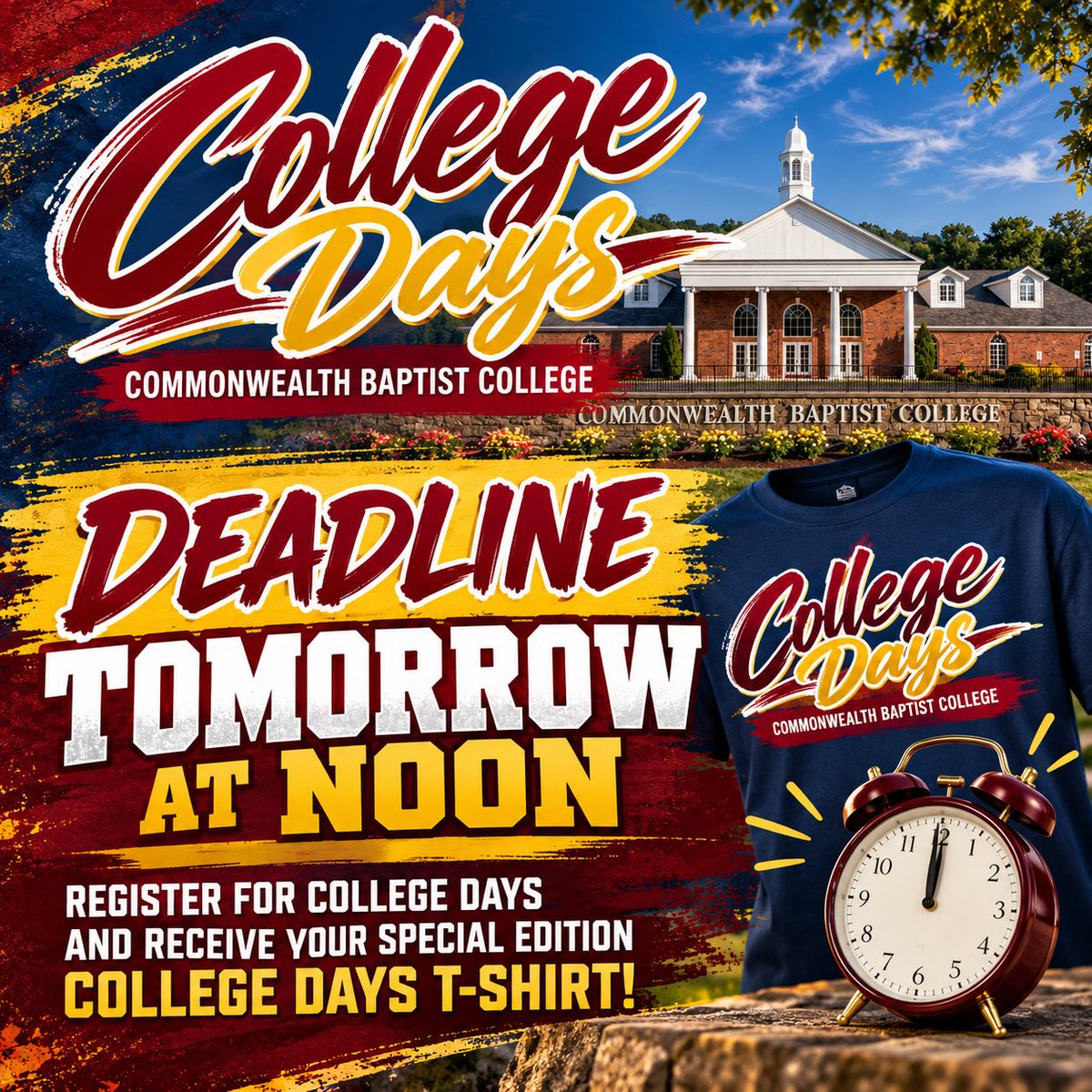 CommonwealthB's tweet photo. High school juniors and seniors—come experience CBC! 

For just $90, enjoy dorm life, six meals, classes, chapel, the Ark Encounter, Activate Games, a special-edition T-shirt, campus tour, and new friendships. 

College Days is October 14–16.

Register: https://t.co/I2ni7u7skh  https://t.co/4UR89uOzXN