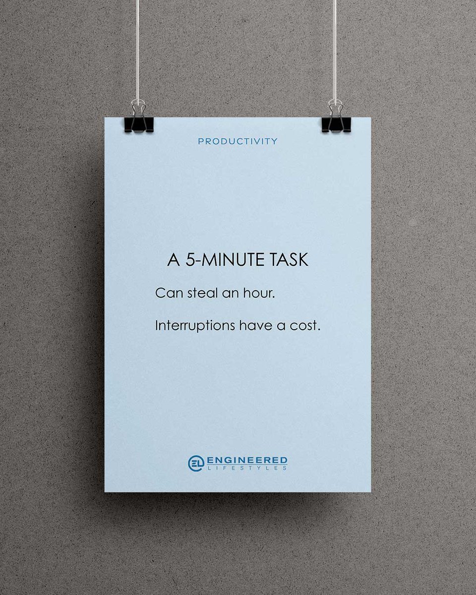 EngLifestyles's tweet photo. "Got 5 minutes?"
The most optimistic measurement of time in business.
Small interruptions add up.
Protect some uninterrupted time.
#ProductivityTips, #ProductivityPosts, #ProductivityHacks https://t.co/anDOoCMbVg