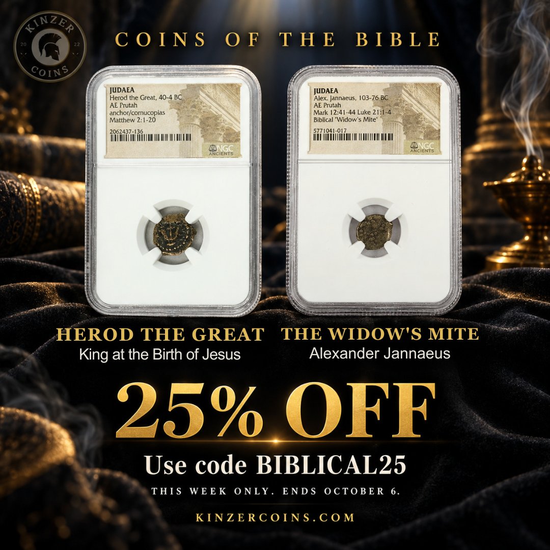 KinzerCoins's tweet photo. Two coins from the world of the Bible. Herod the Great, king at Jesus's birth, and the bronze traditionally called the Widow's Mite. 25% off both, code BIBLICAL25.

https://t.co/AjDJfsHp1y
https://t.co/7pkT8gUF4A https://t.co/bikze9UAwy