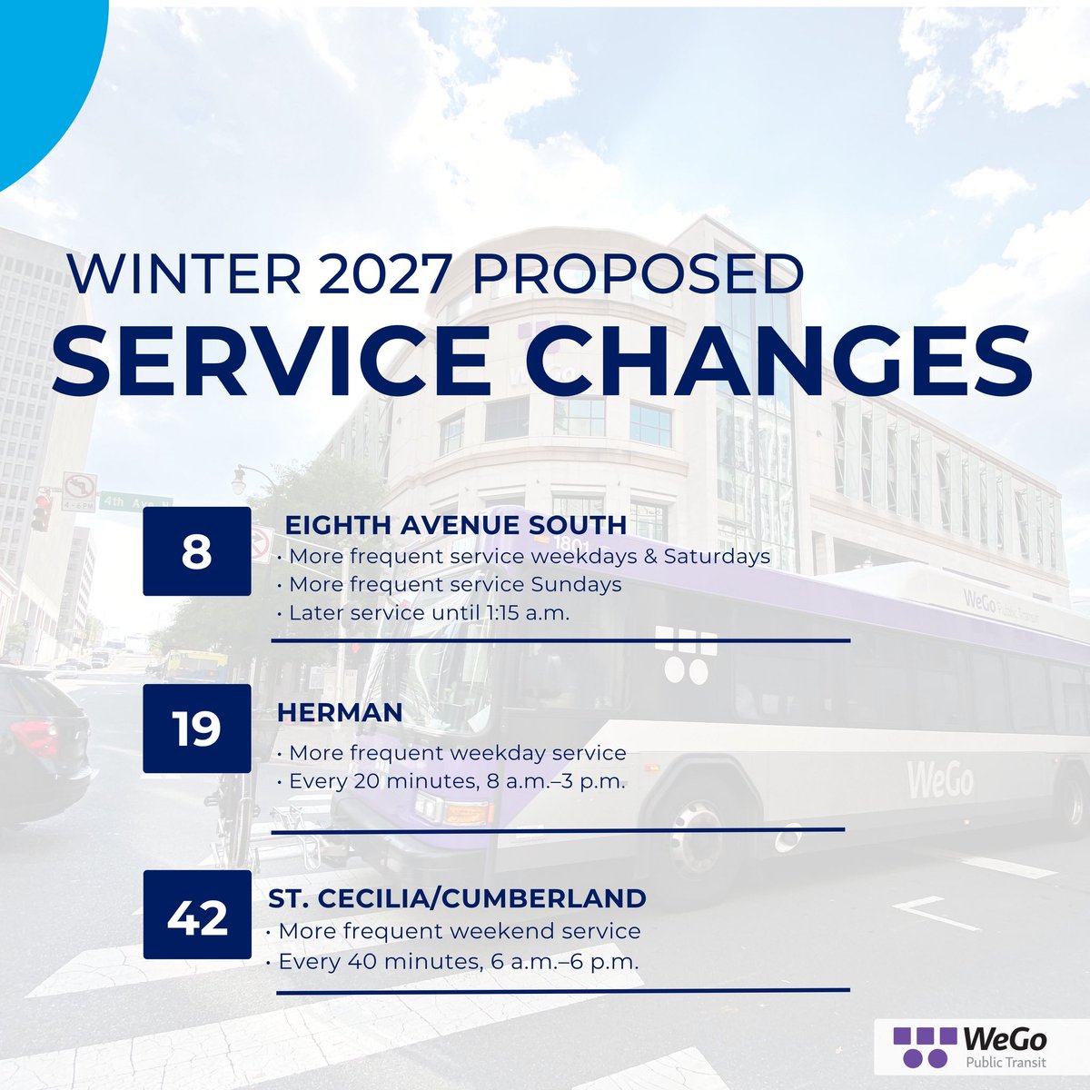 WeGoTransit's tweet photo. ❄️ Winter is coming, and we’re making plans to keep you rolling.

WeGo is proposing Winter 2027 Service Changes and we want your feedback! The proposed updates include new connections, service adjustments, and expanded WeGo Link options designed to better connect riders across our community.

Join us for a public discussion meeting to learn more about the proposal and share your input:
📍 Tuesday, Sept. 29 | 11 a.m.–1 p.m. Southeast Community Center 5260 Hickory Hollow Parkway

💻 Wednesday, Sept. 30 | Noon–1 p.m. Virtual meeting via Webex Meeting ID: 24933421510 Password: 4a4b9c

📍 Thursday, Oct. 1 | 11:30 a.m.–12:30 p.m. Elizabeth Duff Transit Center at WeGo Central 400 Dr. Martin L. King Jr. Blvd.
💻 Tuesday, Oct. 6 | 6–7 p.m. Virtual meeting via Webex Meeting ID: 24824646841 Password: 104001

Public comments will be accepted through Friday, Oct. 16, 2026.
Learn more about the proposed changes and how to provide feedback ➡️ https://t.co/FeyQo74LBW
#transittogether #RollwithWeGo #nashville
