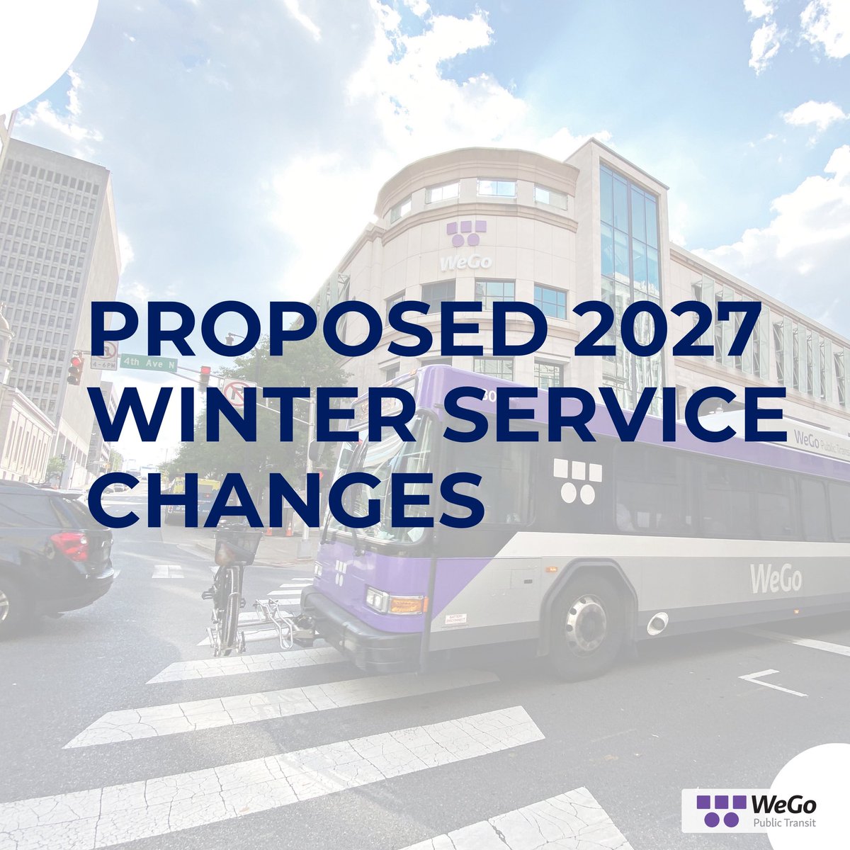 WeGoTransit's tweet photo. ❄️ Winter is coming, and we’re making plans to keep you rolling.

WeGo is proposing Winter 2027 Service Changes and we want your feedback! The proposed updates include new connections, service adjustments, and expanded WeGo Link options designed to better connect riders across our community.

Join us for a public discussion meeting to learn more about the proposal and share your input:
📍 Tuesday, Sept. 29 | 11 a.m.–1 p.m. Southeast Community Center 5260 Hickory Hollow Parkway

💻 Wednesday, Sept. 30 | Noon–1 p.m. Virtual meeting via Webex Meeting ID: 24933421510 Password: 4a4b9c

📍 Thursday, Oct. 1 | 11:30 a.m.–12:30 p.m. Elizabeth Duff Transit Center at WeGo Central 400 Dr. Martin L. King Jr. Blvd.
💻 Tuesday, Oct. 6 | 6–7 p.m. Virtual meeting via Webex Meeting ID: 24824646841 Password: 104001

Public comments will be accepted through Friday, Oct. 16, 2026.
Learn more about the proposed changes and how to provide feedback ➡️ https://t.co/FeyQo74LBW
#transittogether #RollwithWeGo #nashville
