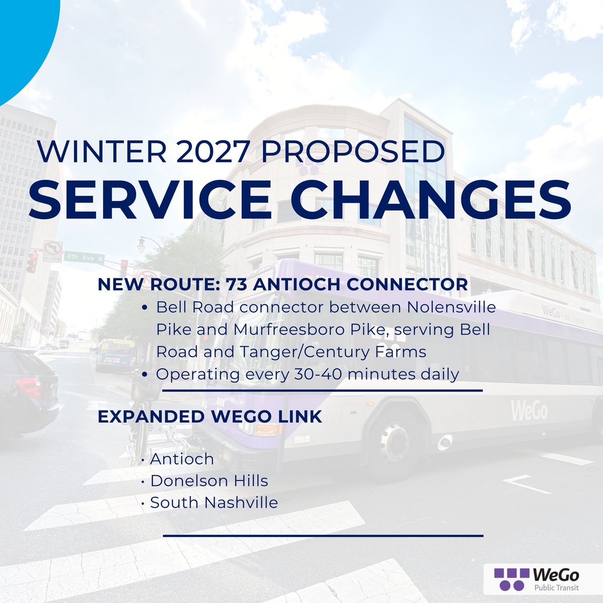 WeGoTransit's tweet photo. ❄️ Winter is coming, and we’re making plans to keep you rolling.

WeGo is proposing Winter 2027 Service Changes and we want your feedback! The proposed updates include new connections, service adjustments, and expanded WeGo Link options designed to better connect riders across our community.

Join us for a public discussion meeting to learn more about the proposal and share your input:
📍 Tuesday, Sept. 29 | 11 a.m.–1 p.m. Southeast Community Center 5260 Hickory Hollow Parkway

💻 Wednesday, Sept. 30 | Noon–1 p.m. Virtual meeting via Webex Meeting ID: 24933421510 Password: 4a4b9c

📍 Thursday, Oct. 1 | 11:30 a.m.–12:30 p.m. Elizabeth Duff Transit Center at WeGo Central 400 Dr. Martin L. King Jr. Blvd.
💻 Tuesday, Oct. 6 | 6–7 p.m. Virtual meeting via Webex Meeting ID: 24824646841 Password: 104001

Public comments will be accepted through Friday, Oct. 16, 2026.
Learn more about the proposed changes and how to provide feedback ➡️ https://t.co/FeyQo74LBW
#transittogether #RollwithWeGo #nashville