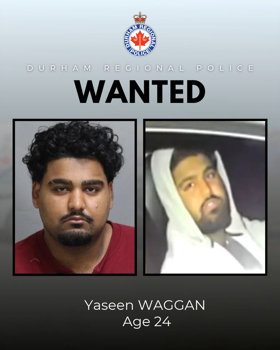 DRPS's tweet photo. UPDATE #1 - Male Wanted After Striking Officers While Fleeing Police
______________________________________________________________________________
 
Police have identified and are seeking a male suspect after officers were struck by a Tesla during an incident in Oshawa.
 
On Tuesday, September 22, 2026, at approximately 1:05 a.m., members of Central East Division on proactive patrol observed an Acura sedan travelling on Simcoe Street North with no lights at a high rate of speed. Officers initiated a traffic stop; however, the vehicle fled the area, failing to stop for police. Officers searched the area and located the vehicle parked unoccupied in a residential driveway. After a brief search of the neighbourhood, the driver was located hiding in a backyard and taken into custody.
 
A search of the vehicle located a replica firearm, and drugs. At the time of his arrest, the suspect was on conditions not to have care or control of a motor vehicle and remain in his residence at night.
 
As officers continued their investigation, a Tesla SUV entered the area at a high rate of speed. Officers attempted to speak with the driver as the Tesla came to a stop. While speaking with the driver, the vehicle attempted to reverse, striking two officers, before fleeing the area.
 
One officer was transported to a local-area hospital with serious but non-life-threatening injuries. The second officer attended a local-area hospital with minor injuries.
 
Investigators have identified the male driving the Tesla and are looking for information on his whereabouts.  
 
Yaseen WAGGAN, age 23 from Ajax is wanted for: Flight from Peace Officer, Dangerous Operation of a Conveyance, Assault Cause Bodily Harm, Failing to Comply with Release Orderx2, Fail to Identify Self to Officer, and Fail to Remain.
 
Anyone with information is asked to contact Detective Broadfoot of the DRPS Offender Management Unit at 1-888-579-1520 ext. 5357
 
Anonymous information can be sent to Durham Regional Crime Stoppers at 1-800-222-TIPS (8477) or online at and tipsters may be eligible for a cash reward.
 
The information in this media release contains facts and circumstances that have been obtained from a police investigation.  These allegations have yet to be proven in court. 
 
-30-