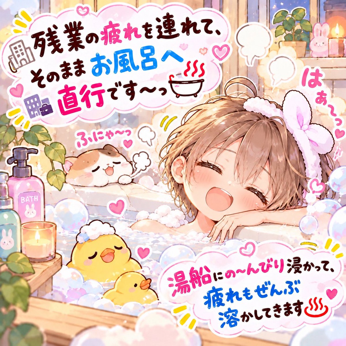 Toyoukaimekki's tweet photo. 残業の疲れを連れて、
そのままお風呂へ直行です〜っ🛁🤍

今日はもう頑張るの終了🙌✨

湯船にの〜んびり浸かって、
疲れもぜんぶ溶かしてきます♨️

ふにゃふにゃになるまで
しばらく出てきません〜っ🤭💕 https://t.co/kCAKAXiwAY