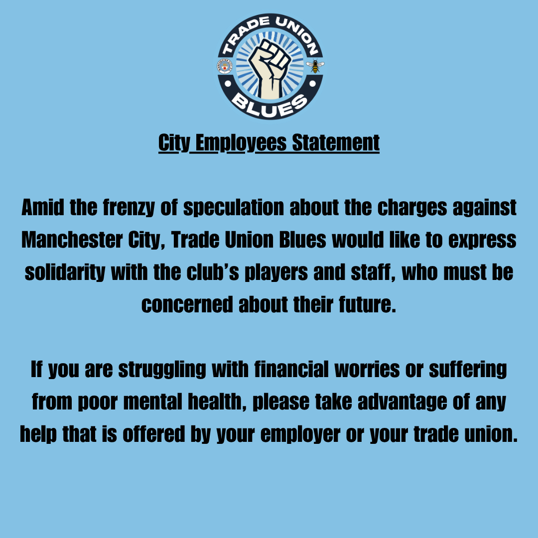 tradeunionblues's tweet photo. City Employees Statement

Amid the frenzy of speculation about the charges against Manchester City, Trade Union Blues would like to express solidarity with the club’s players and staff, who must be concerned about their future.

Find a Trade Union:

https://t.co/ljLnPLKxK5 https://t.co/PeHDq2ET7r