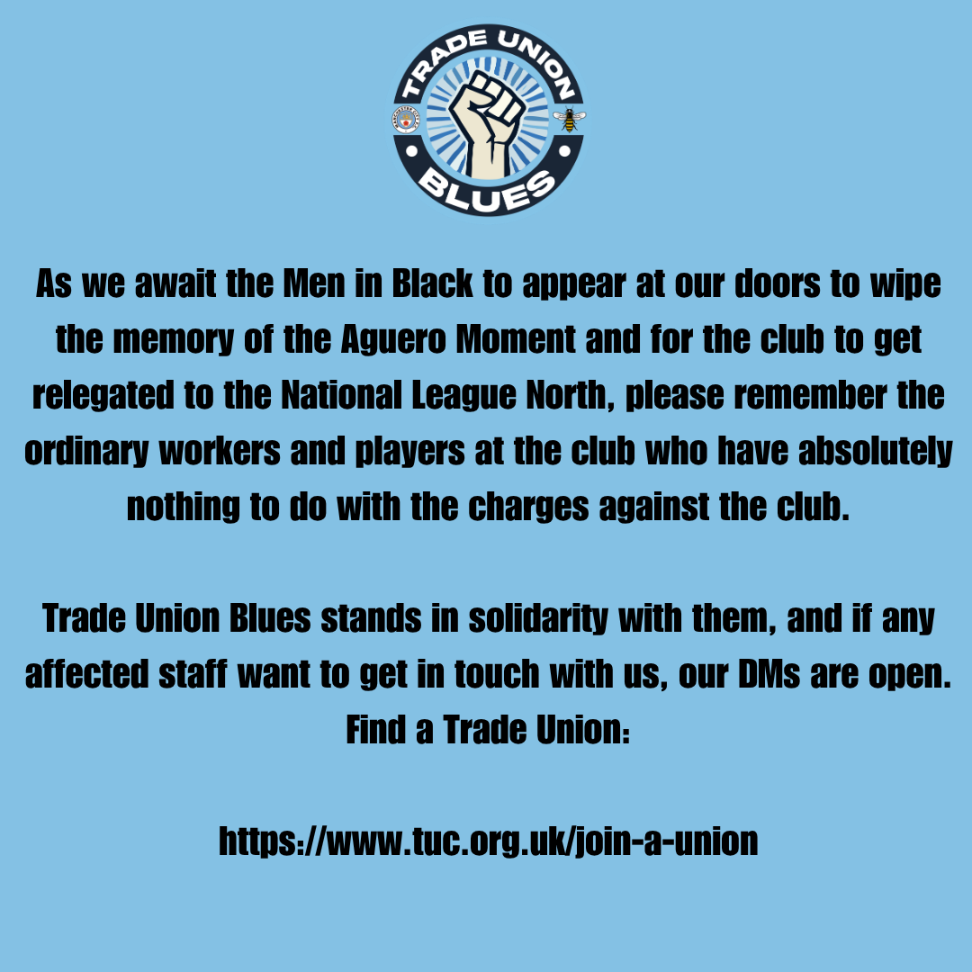 tradeunionblues's tweet photo. City Employees Statement

Amid the frenzy of speculation about the charges against Manchester City, Trade Union Blues would like to express solidarity with the club’s players and staff, who must be concerned about their future.

Find a Trade Union:

https://t.co/ljLnPLKxK5 https://t.co/PeHDq2ET7r