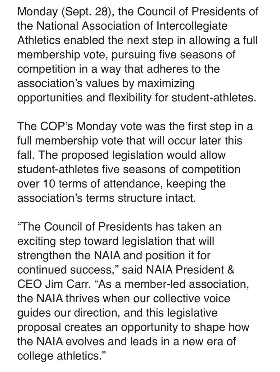NAIAticker's tweet photo. Today, the NAIA Council of Presidents forwarded a proposal to move to five seasons of competition over 10 terms of attendance.

The membership will vote on the legislation at a virtual business meeting on November 4. https://t.co/Z3Bz4RE3m4