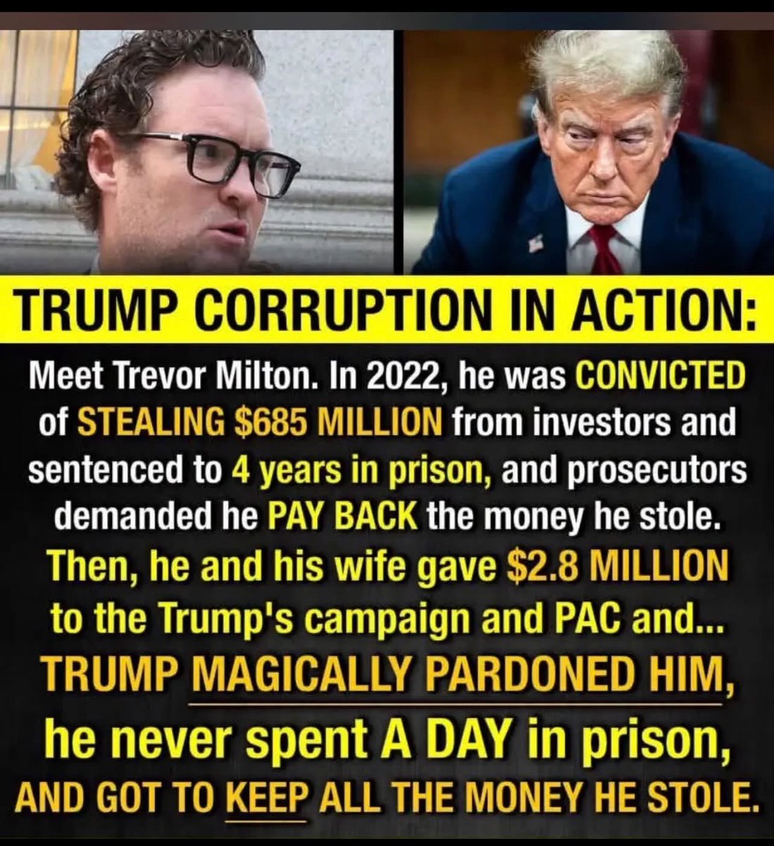 JamesTate121's tweet photo. Trump continues to abuse his diplomatic immunity’s and make the rules as he goes along. He released all of the Jan. 6’ers and tried to pay them which he is still trying to do with our tax dollars. This sends a message to other criminals. Go ahead steal people's money you can always buy a pardon from a criminal president.