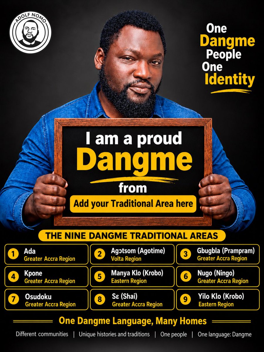 AdolfNomo's tweet photo. If you are Dangme(@dangmepeople), let’s start saying this instead.

Our Traditional Areas may be different, but we share a common Dangme identity and language.

Instead of saying:

“I am a proud Klo (Krobo).”
Say: “I am a proud Dangme from Klo (Krobo).”

Instead of saying:

“I am a proud Manya Klo (Krobo).”
Say: “I am a proud Dangme from Manya Klo (Krobo).”

Instead of saying:

“I am a proud Ada.”
Say: “I am a proud Dangme from Ada.”

Instead of saying:

“I am a proud Agotime.”
Say: “I am a proud Dangme from Agɔtsom (Agotime).”

Instead of saying:

“I am a proud Prampram.”
Say: “I am a proud Dangme from Gbugbla (Prampram).”

Instead of saying:

“I am a proud Kpone.”
Say: “I am a proud Dangme from Kpone.”

Instead of saying:

“I am a proud Ningo.”
Say: “I am a proud Dangme from Nugo (Ningo).”

Instead of saying:

“I am a proud Osudoku.”
Say: “I am a proud Dangme from Osudoku.”

Instead of saying:

“I am a proud Shai.”
Say: “I am a proud Dangme from Sɛ (Shai).”

Instead of saying:

“I am a proud Yilo Krobo.”
Say: “I am a proud Dangme from Yilo Klo (Krobo).”

Nine Traditional Areas. Different histories and traditions. One Dangme identity. One Dangme language.

Let us proudly identify with our Traditional Areas while embracing our wider Dangme identity.

I am Dangme. I am proud of where I come from. I speak Dangme.

#Dangme #DangmeIdentity #DangmeUnity #DangmeHeritage #DangmeLanguage #Ada #Agɔtsom #Agotime #Gbugbla #Prampram #Kpone #ManyaKlo #Krobo #Nugo #Ningo #Osudoku #Sɛ #Shai #YiloKlo