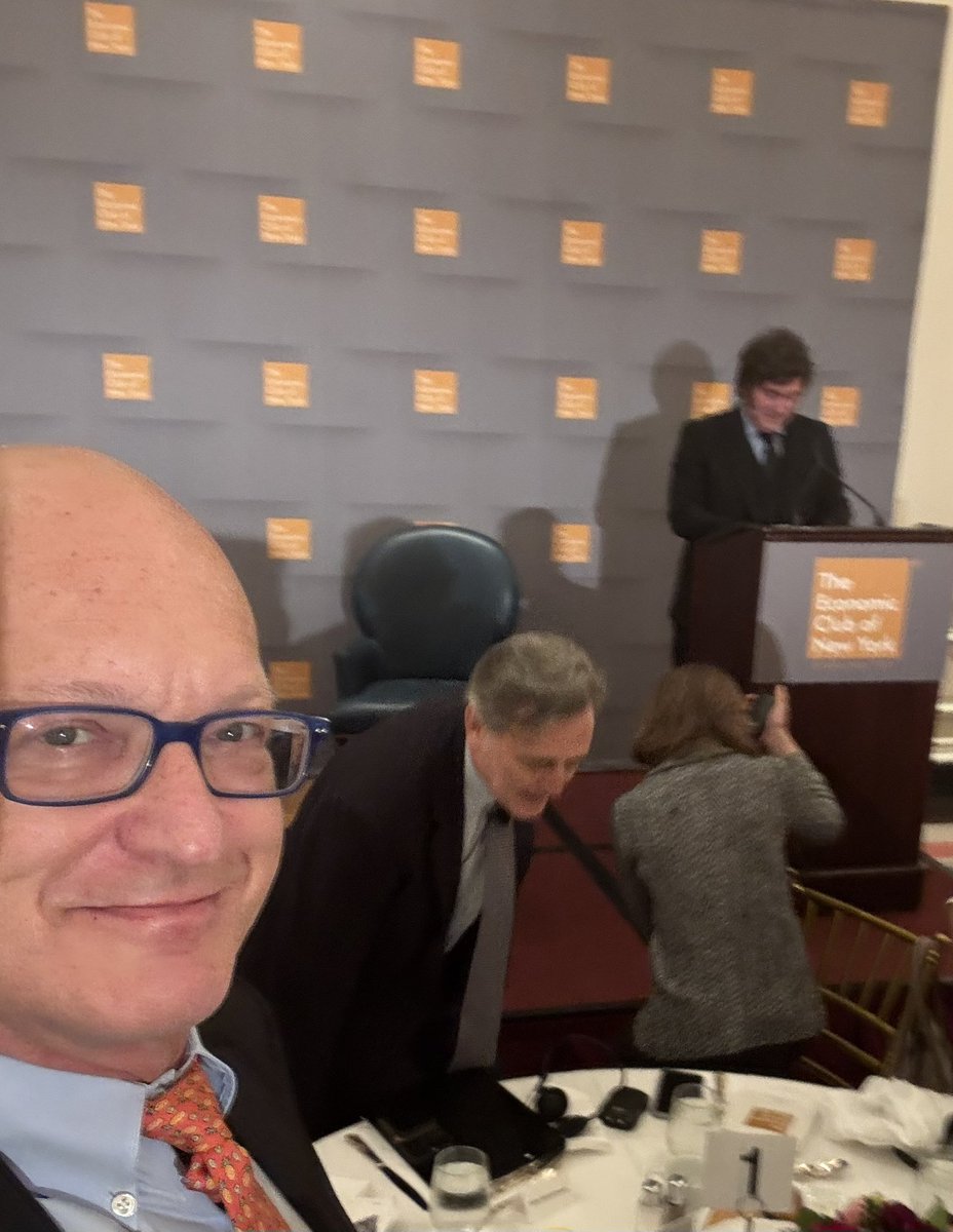 MurryStegelmann's tweet photo. Great luncheon speech by President Javier Milei at my Economic Club of New York .  His agenda of more capitalism and less government is raising living standards .  His clarion remarks are like those of Moses - leading the people of the west to the Promised Land of freedom and opportunity .  Manalapan’s   Peter Lamelas is our Ambassador.