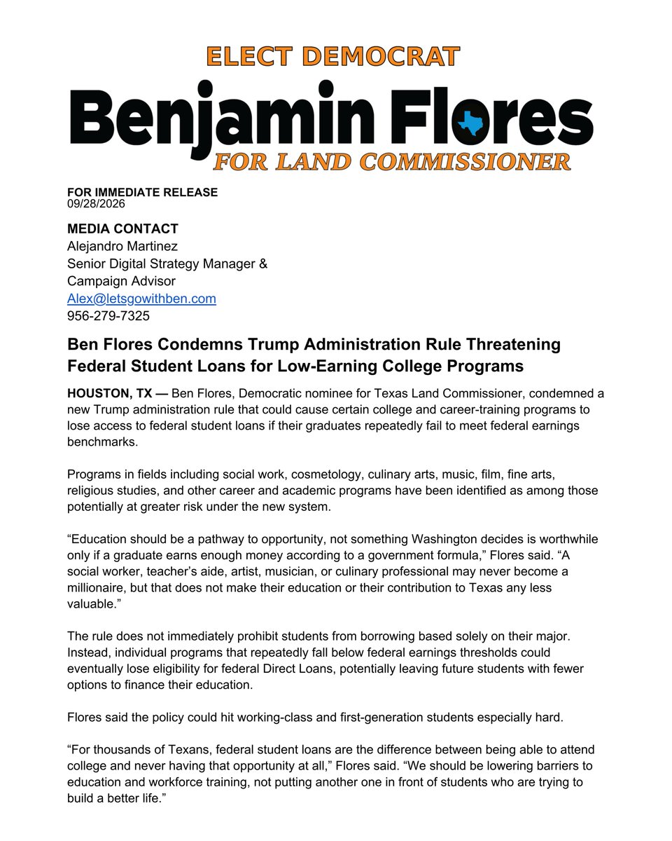 Flores4LandCom's tweet photo. Trump’s new rule could strip federal student loan eligibility from college programs whose graduates don’t meet Washington’s earnings benchmarks.

Education should open doors, not close them.

Does the current Land Commissioner support this? Texans deserve an answer. https://t.co/OcaLlP8PXs