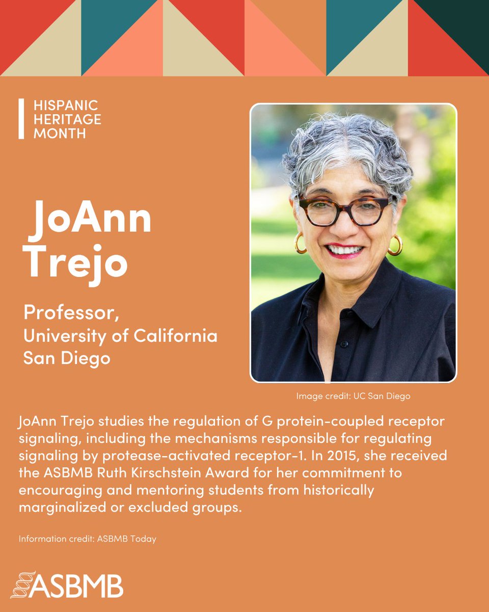 ASBMB's tweet photo. #HispanicHeritageMonth | Joann Trejo studies G protein-coupled receptor signaling. In 2015, she received the ASBMB Ruth Kirschstein Award for mentoring students from historically marginalized groups.
🔸Celebrate more researchers in this ASBMB timeline: https://t.co/hFlIbHckZv. https://t.co/zrJiEmCabb