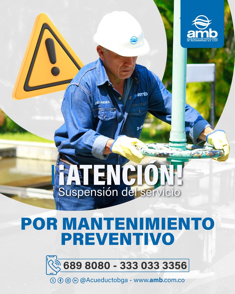 OLUNoticias's tweet photo. 🚧#DeServicio Por labores de mantenimiento preventivo en el tanque de almacenamiento del Distrito la Iglesia, se suspenderá el suministro de agua potable en algunos barrios del occidente del municipio de Bucaramanga.
🗓️Fecha: 01 de octubre.
⏰De 08:00 a.m. a 06:00 p.m. https://t.co/Yz8a1ENl1x