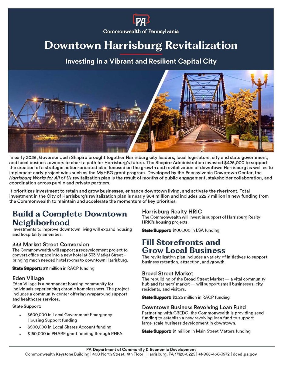 hrccredc's tweet photo. $64M+ in investment. One shared vision for Downtown Harrisburg. 🏙️

See how new investments will support businesses, housing, public spaces, the riverfront, and more as Harrisburg Works for All of Us moves from planning to action. https://t.co/TkLJUAIQCf