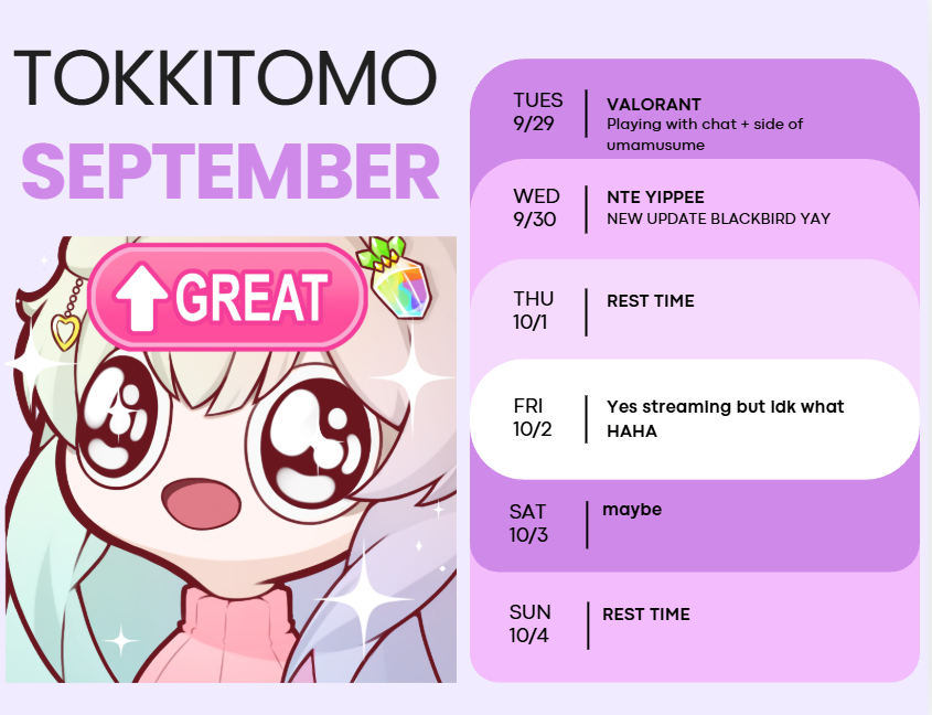 TokkiTomo's tweet photo. I'll be streaming and playing some Valorant with chat, Umamusume and NTE :3

As usual, my streams will start around 8 pm pst ~ https://t.co/LMOMcpjkYV https://t.co/Kv0NwNyBeI