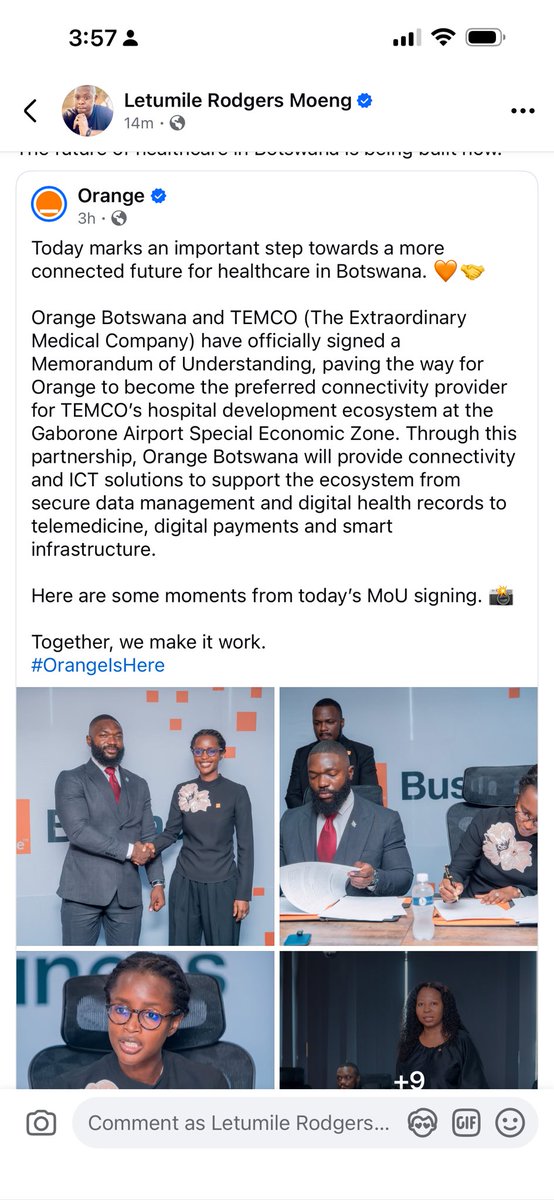 drmoeng's tweet photo. My team and I are building Botswana’s first smart hospital and we thank Office of the President for the support on today’s major milestone as we partnered with Orange 🍊 Botswana https://t.co/IELro4fmOb
