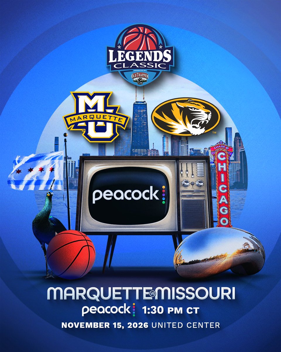 LegendsBBall's tweet photo. TIP TIMES SET FOR MARQUETTE VS. MISSOURI 🏀⏰

The Legends Classic matchup tips off Sunday, November 15 at 1:30 PM CT from United Center in Chicago! 📍

📺 Watch live on Peacock

🎟️ Get your tickets and be there for Marquette vs. Missouri!

🔗 in Bio https://t.co/gXSkaGGwI1