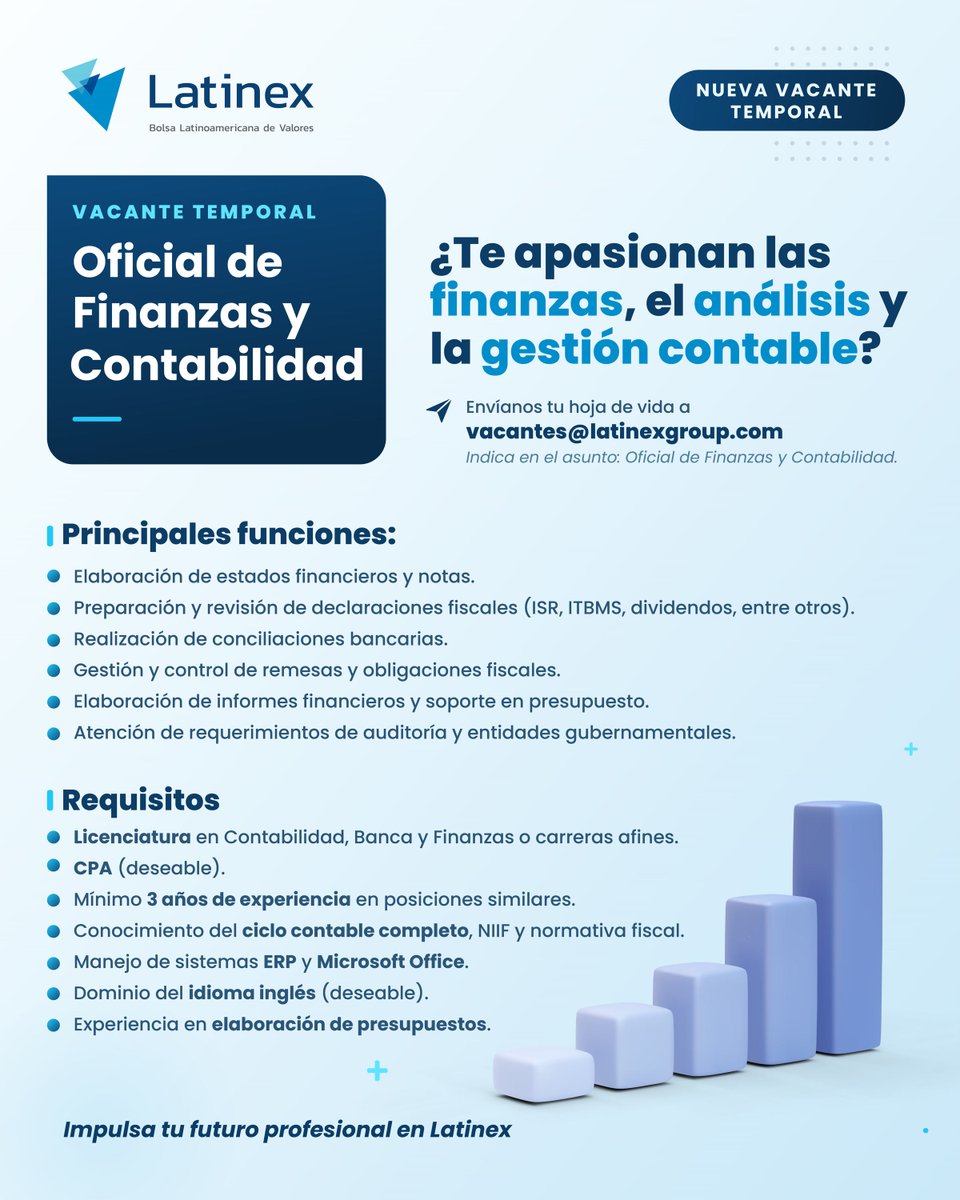 LatinexBolsa's tweet photo. 📢 ¡Vacante temporal en #Latinex!

Estamos en búsqueda de un Oficial de Finanzas y Contabilidad para formar parte de nuestro equipo.

Si cuentas con experiencia en el área financiera y contable y estás interesado en asumir nuevos retos profesionales, queremos conocerte.

📩 Envía tu hoja de vida a vacantes@latinexgroup.com
Asunto: Oficial de Finanzas y Contabilidad