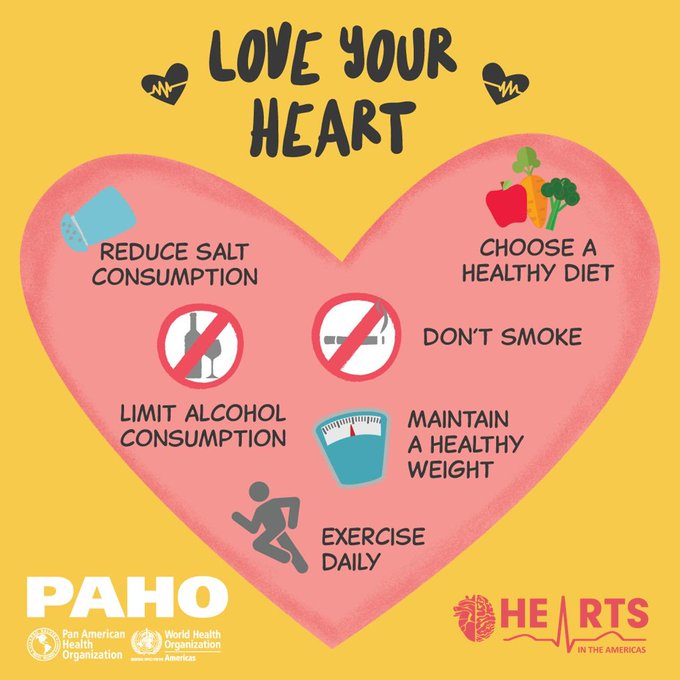 UN's tweet photo. Tuesday is #WorldHeartDay.

The risk of cardiovascular disease can be reduced by:
🍎 eating a healthier diet
🏃🏽‍♀️ increasing physical activity
🚭 quitting tobacco
🥃 reducing alcohol

More key facts from @WHO: https://t.co/h9yGgLELPM https://t.co/KliVksjLxW