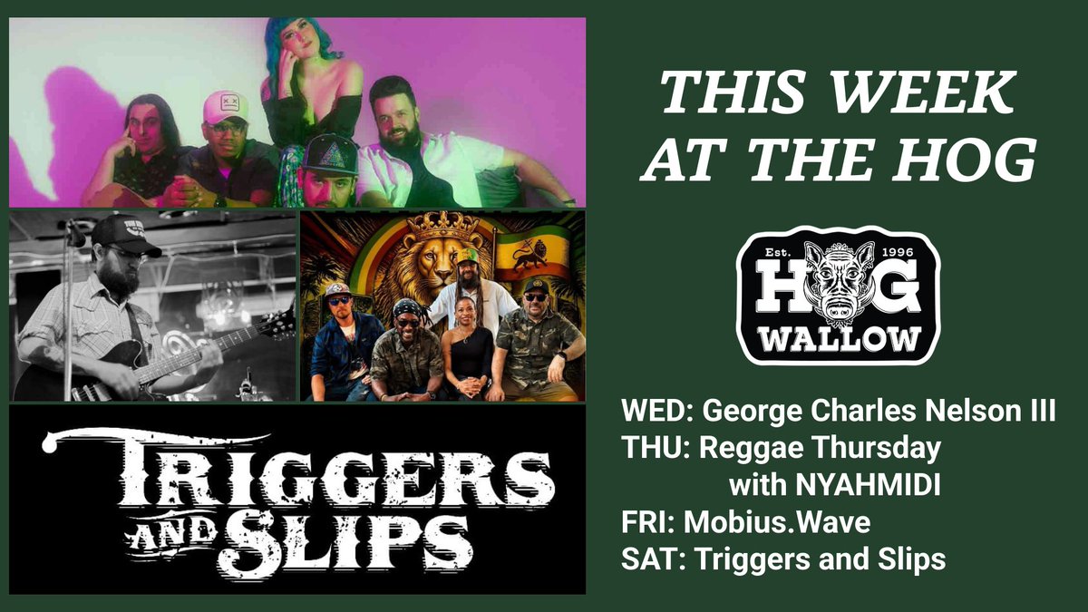 TheHogWallow's tweet photo. This week at the Hog. 🐗

MON — Open Jam
WED — George Charles Nelson III | Folk
THU — NYAHMIDI 🌴 | Reggae Roots Dub Riddim
FRI — Mobius.Wave | Funk / Electro / Soul
SAT — Triggers & Slips | Country, Rock & Americana

🔧 Doing a little work on the place this week — opening at 6PM Tuesday and Wednesday. The music's not affected.

#SLC #LiveMusic #UtahMusic