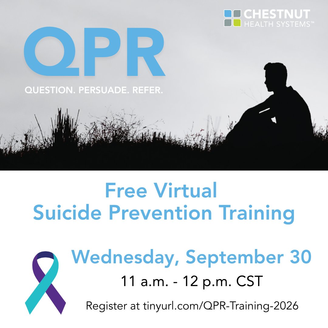 ChestnutHealth's tweet photo. You don't have to have all the answers. Sometimes the most important thing you can do is listen and connect someone with support.

Learn how you can prevent suicide by attending our free Suicide Prevention Training on Wednesday, September 30. Register: https://t.co/LKSD05NDHj https://t.co/fdQGW0latZ
