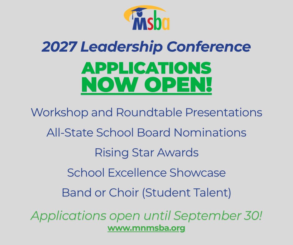 mnmsba's tweet photo. Time is running out!

If you're planning to submit a nomination, application, or presentation proposal for the Leadership Conference, be sure to review upcoming deadlines.
Learn more at https://t.co/nJ0d8C2pi6.

#MSBA #LeadershipConference #MNPublicSchools #MNSchoolBoards https://t.co/utZfLBNGSt