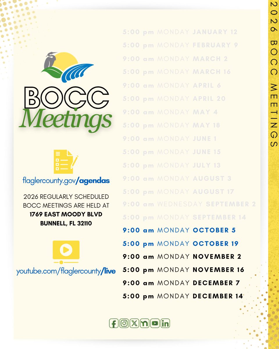 FlaglerCtyGov's tweet photo. Flagler County BOCC meets next on Monday, October 5th at 9:00 a.m. and Monday, October 19th at 5 p.m. Keep these dates handy and help spread the word! ☀️ #FlaglerFirst #FlaglerForYou https://t.co/bv9pkVpFuL