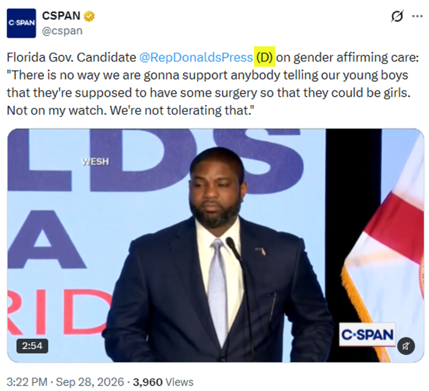 libsoftiktok's tweet photo. Hey @cspan, Byron Donalds is a Republican. https://t.co/vH50i5X6oh
