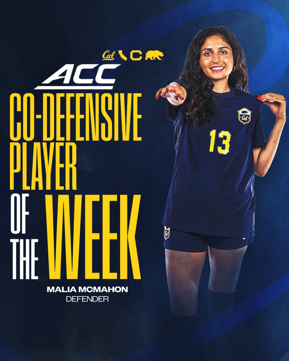 CalWSoc's tweet photo. 𝗖𝗢-𝗗𝗘𝗙𝗘𝗡𝗦𝗜𝗩𝗘 𝗣𝗟𝗔𝗬𝗘𝗥 𝗢𝗙 𝗧𝗛𝗘 𝗪𝗘𝗘𝗞 🏆

Malia McMahon has been named ACC Co-Defensive Player of the Week after helping the Bears secure back-to-back shutout wins! 🐻💪

Read more >> https://t.co/BkxtiHkFNM

#GoBears https://t.co/Tk48IQBcoi
