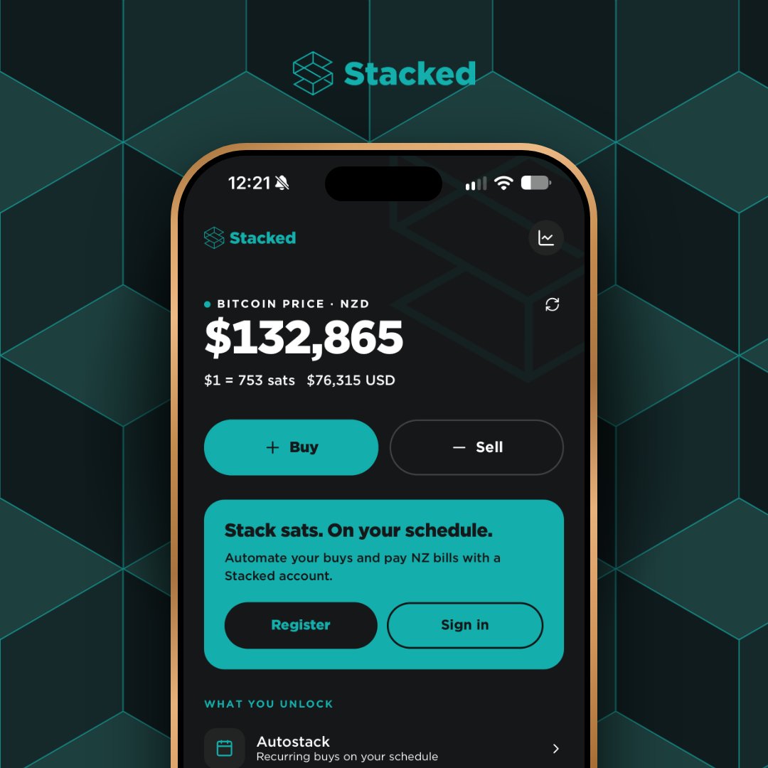 stacked_bitcoin's tweet photo. Price in NZD. Price in sats. Same screen.

The new Stacked home: live BTC/NZD, what $1 buys in sats, Buy and Sell one tap away. Every buy settles to a wallet you hold the keys to.

iOS: https://t.co/UlAy0qvwfx
Android: https://t.co/5dE7Bf6S2X https://t.co/aelEs3bntR