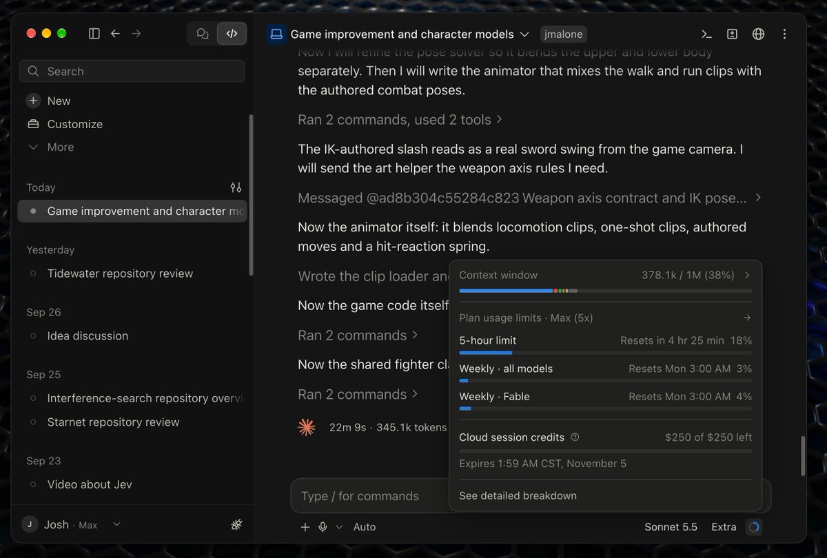jmaloneVS's tweet photo. Sooo... Sonnet 5.5 is using Fable credits and chewing through my usage.. I have no idea what is going on lol. This is odd... https://t.co/BINgRdmEs5