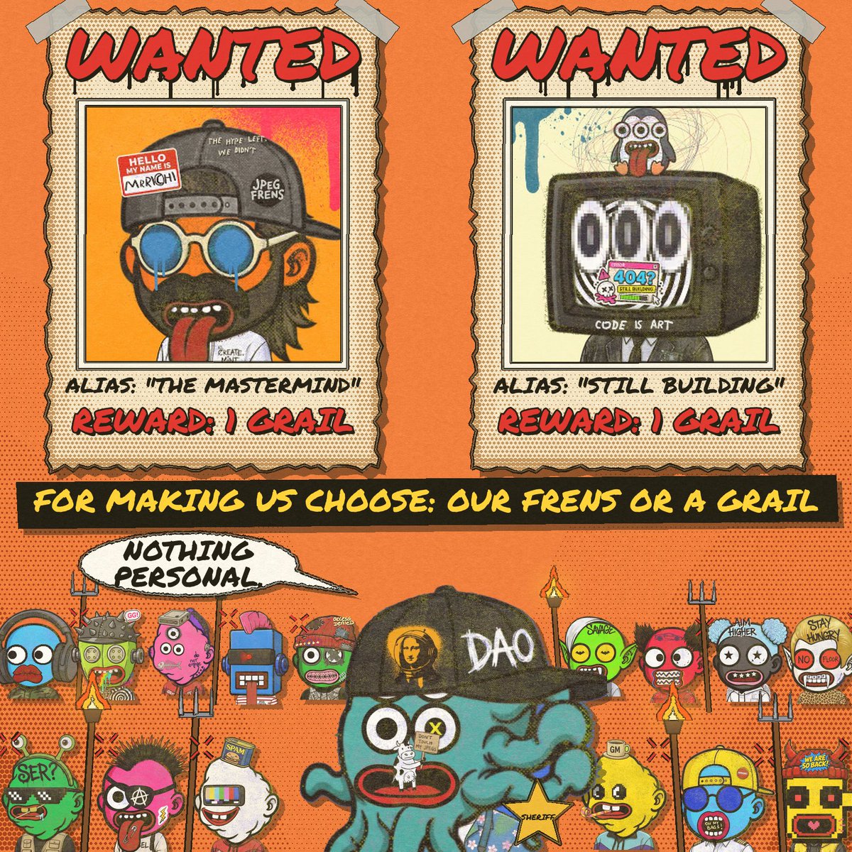 BullishOctopus's tweet photo. Last week: WANTED. 🐙
This week: Sheriff. ⭐ And I brought backup. 🔥🔱
@Richi0118  & @cryptopeng1 , you're charged with making us choose between our Frens and a Grail.

But the Frens stick together. Always. 🤝
Nobody gets forged without a fight.

Nothing personal, bosses. 🤠
#JPEGFrens #FrensStickTogether #JPEGFrensForge #BurnAndForge #NFT #NFTCommunity #Ethereum