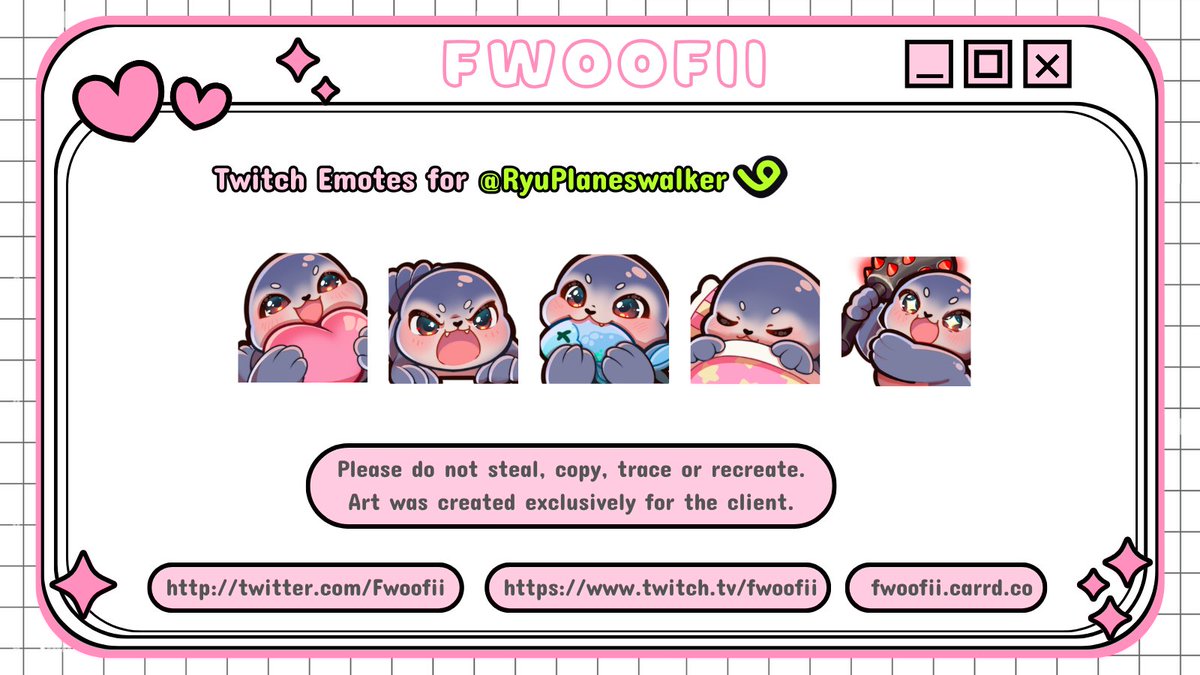 fwoofii's tweet photo. Some Twitch emotes I just finished for @RyuPlaneswalker 🐱

I had a lot of fun drawing this little seal ദ്ദി ˉ͈̀꒳ˉ͈́ )✧

#VgenComm #Vgen 
(my commissions are open btw) https://t.co/tllCzgV2iv