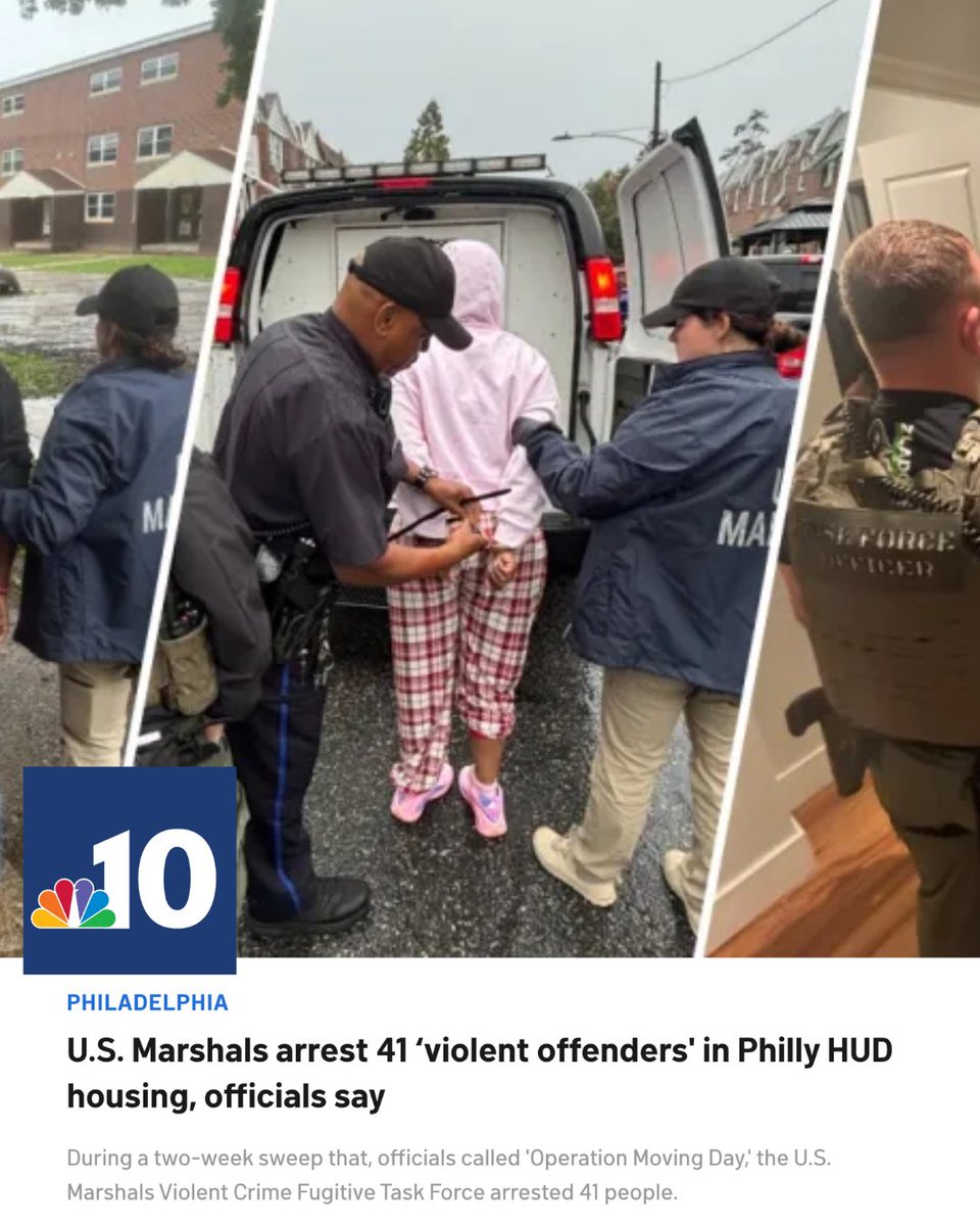 SecretaryTurner's tweet photo. The Trump Administration is making America’s cities safer. “Operation Moving Day” is cleaning up Philadelphia.

@HUDOIG and @USMS_Philly arrested 41 violent criminals living in taxpayer-funded HUD housing.

Tax dollars no longer provide a safe harbor for criminals who terrorize our communities.