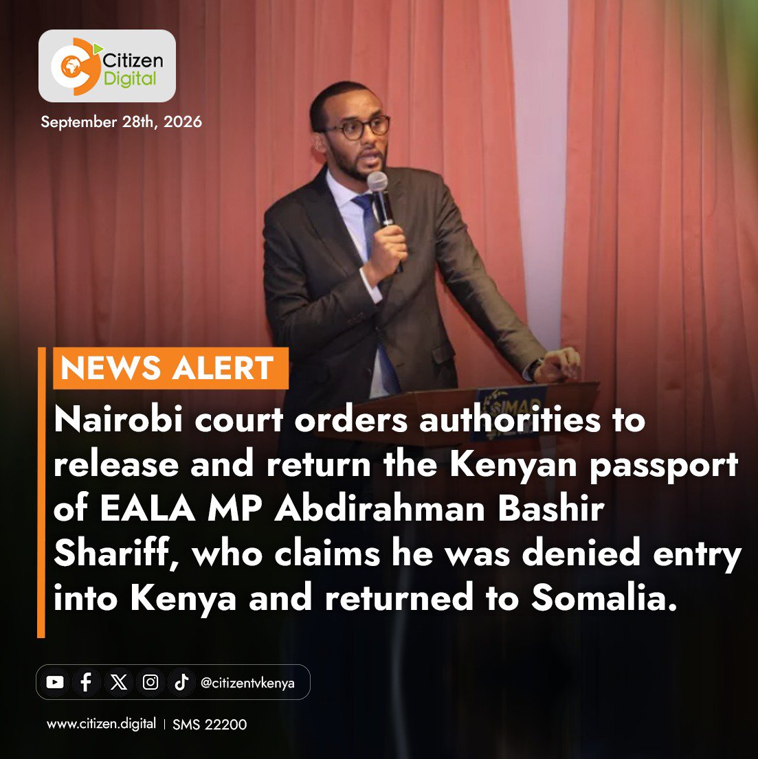 gedo247's tweet photo. Nairobi court orders authorities to release and return #EALA MP Abdirahman Bashir Shariff’s #Kenyan passport after he alleged he was denied entry into Kenya and deported to Somalia.
@citizentvkenya https://t.co/DG7T7PrADo