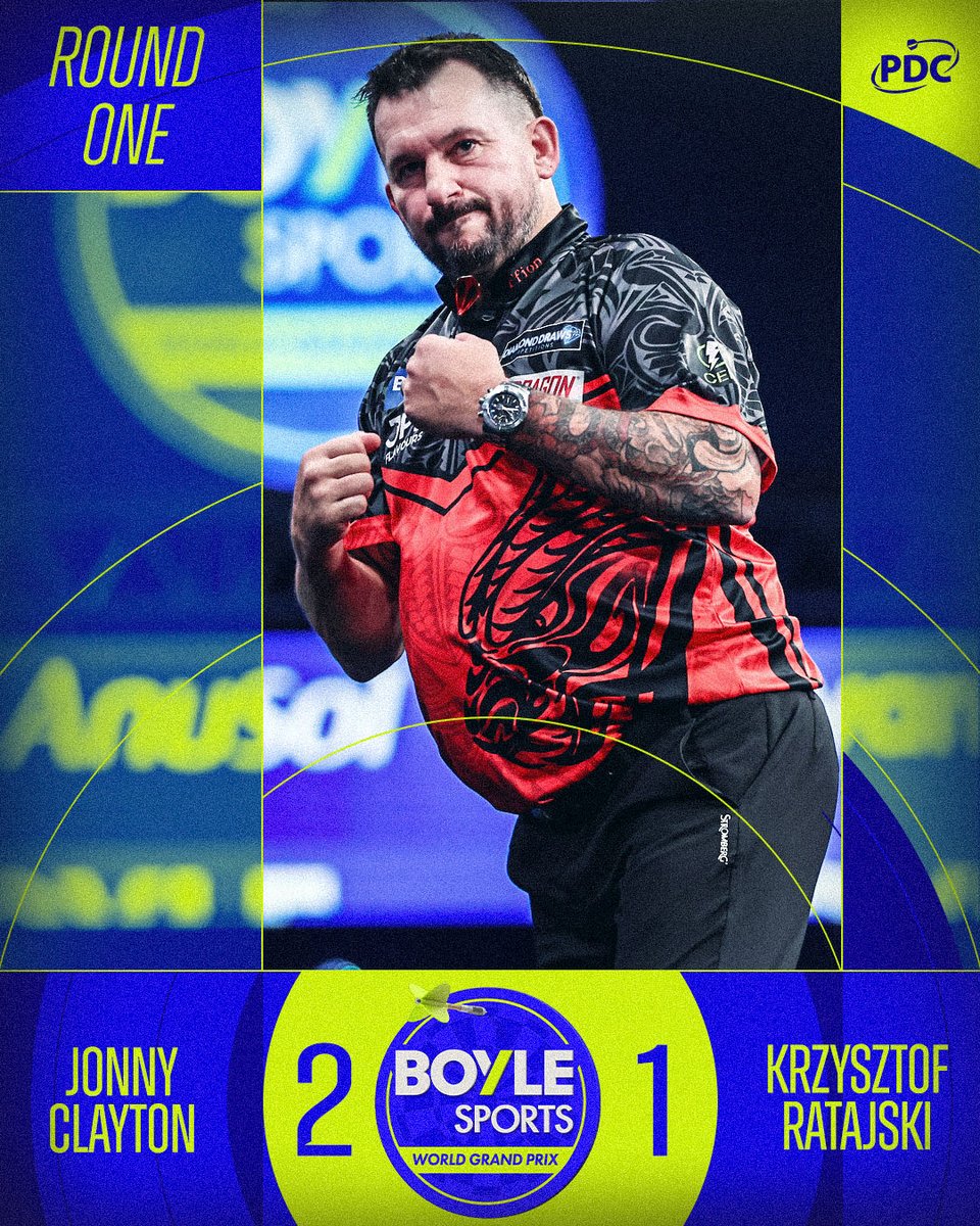 OfficialPDC's tweet photo. The 2021 champion is through to round two!

Jonny Clayton wins through a gruelling affair against Krzysztof Ratajski to open his latest title challenge in Leicester! https://t.co/nGYkqVCeM3
