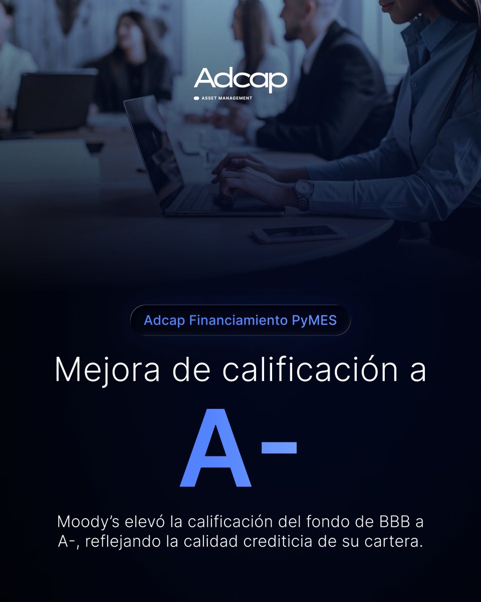 AdcapArg's tweet photo. 🔴👉Moody's Local elevó la calificación de Adcap Financiamiento PyMEs de BBB a A-, un salto de dos escalones que reconoce la calidad crediticia de su cartera de instrumentos PyME.

El fondo invierte en cheques avalados, pagarés bursátiles y fideicomisos financieros, con una estrategia de gestión activa enfocada en diversificación y calidad crediticia. Hoy ofrece una TNA proyectada del 24,8%.

Este reconocimiento reafirma nuestro compromiso con el desarrollo del financiamiento a las PyMEs argentinas.

📲 Invertí desde la App de Adcap: https://t.co/wOSzHurA0l