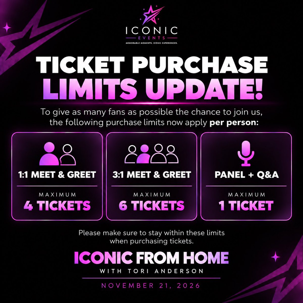 icncevents's tweet photo. 🚨 TICKET LIMITS UPDATED! 

We’ve increased the ticket purchase limits for ICONIC FROM HOME with Tori Anderson

🎫1:1 M&amp;G: up to 4 tickets per person
🎫3:1 M&amp;G: up to 6 tickets per person

Limited availability, once they’re gone, they’re gone

📅 November 21 2026

 #iconicevents https://t.co/ONpnULPJU0