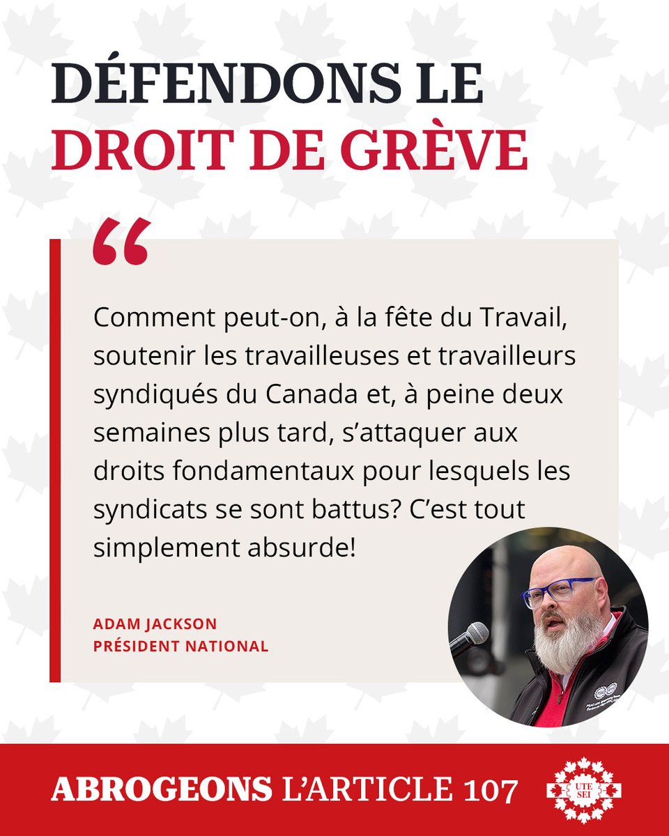 utesei's tweet photo. Le projet de loi C-39 préciserait comment le gouvernement peut faire mettre fin à une grève légale au titre de l’article 107. Défendons le droit de grève. Retirons ces dispositions. Abrogeons l’article 107.
https://t.co/gO88szoSkw https://t.co/UxpcND3ueF