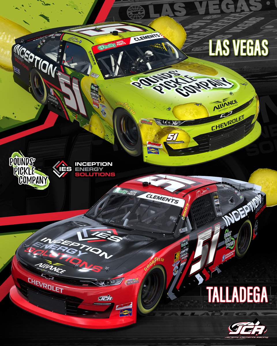 JCR_Clements51's tweet photo. 📢NEW SPONSORS Alert!
 @JClements51 welcomes #InceptionEnergySolutions &amp; #PoundsPickleCompany aboard the #51 @TeamChevy as co-primary sponsors for @LVMotorSpeedway  
And are ready to put it all on the line, hunting that @NASCAROReillyAP jackpot!🎰🏁 

https://t.co/d5XwMPkodD https://t.co/DtOSbYeiw6