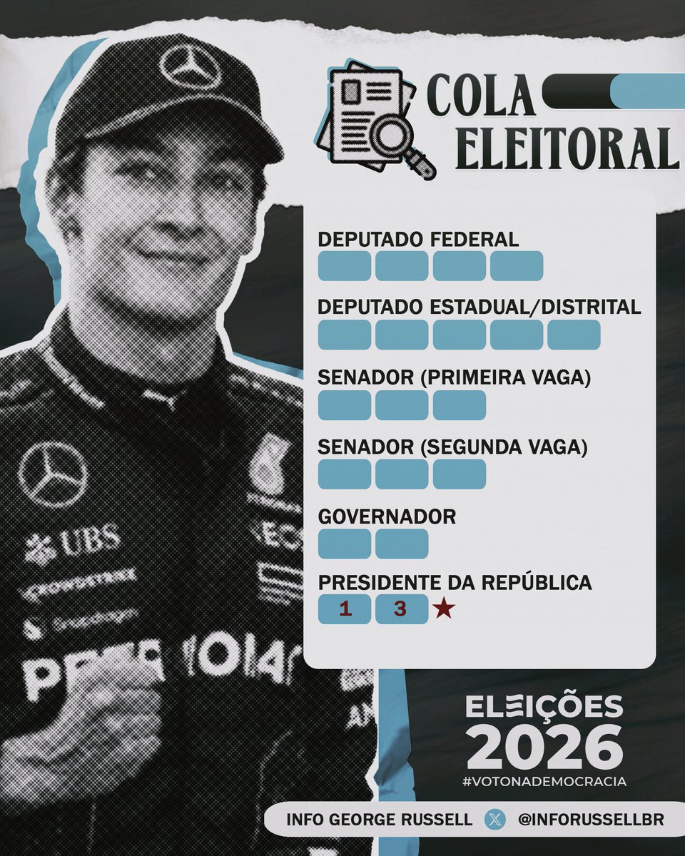 inforussellbr's tweet photo. ☑️ Bom, é de conhecimento geral que o nosso compromisso com a democracia será no próximo dia 4 de outubro.

Pensando nisso, o Info George Russell também preparou uma colinha eleitoral para ajudar durante a votação. É importante avaliar cada candidato, cada proposta e anotar o número dos seus candidatos para o momento na urna.

Nós defendemos a liberdade, a inclusão, o respeito e o diálogo que fazem parte da nossa democracia. E por aqui, a nossa escolha será a favor da reeleição do presidente Lula (13).

E você votará pela primeira vez? O Info também montou um passo a passo para o dia da votação. Atente-se aos detalhes.

O voto é individual. Exerça-o com consciência e responsabilidade. ✊🏻