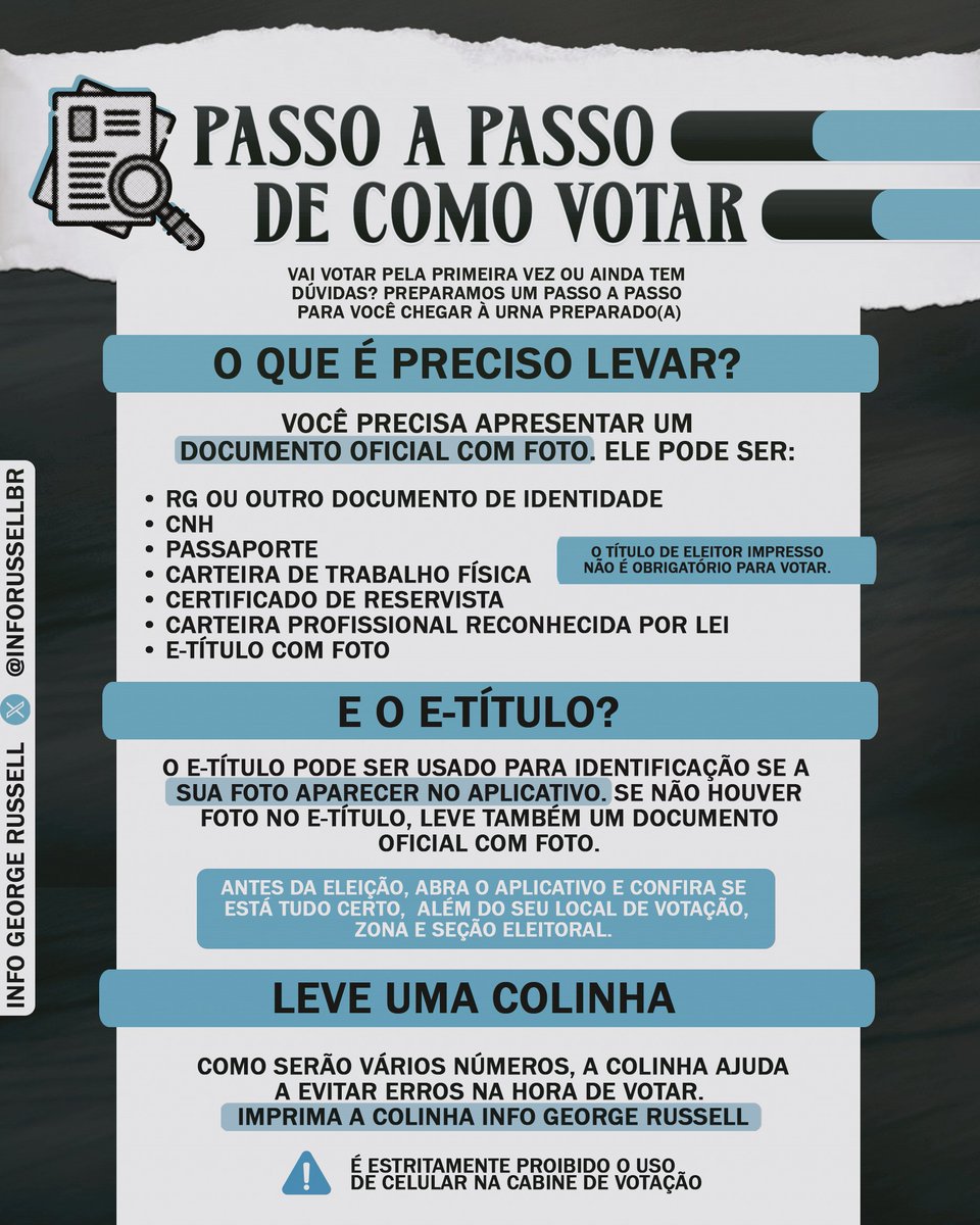 inforussellbr's tweet photo. ☑️ Bom, é de conhecimento geral que o nosso compromisso com a democracia será no próximo dia 4 de outubro.

Pensando nisso, o Info George Russell também preparou uma colinha eleitoral para ajudar durante a votação. É importante avaliar cada candidato, cada proposta e anotar o número dos seus candidatos para o momento na urna.

Nós defendemos a liberdade, a inclusão, o respeito e o diálogo que fazem parte da nossa democracia. E por aqui, a nossa escolha será a favor da reeleição do presidente Lula (13).

E você votará pela primeira vez? O Info também montou um passo a passo para o dia da votação. Atente-se aos detalhes.

O voto é individual. Exerça-o com consciência e responsabilidade. ✊🏻