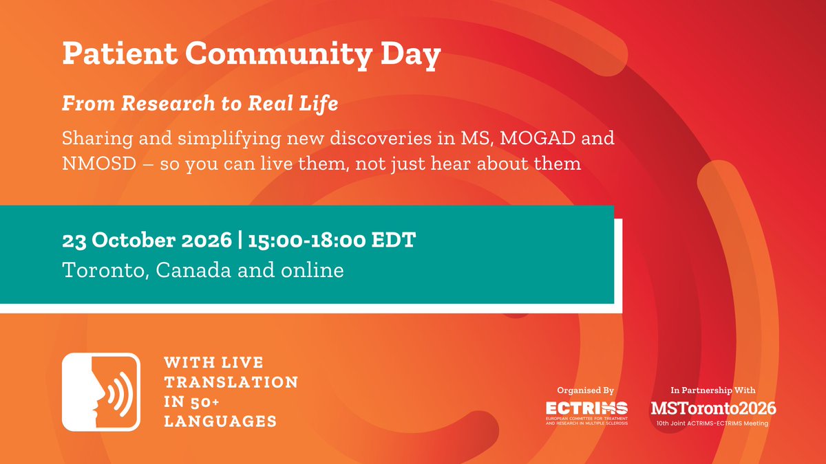 ECTRIMS's tweet photo. 🌍 Don’t forget to join us at Patient Community Day on 23 Oct at 15:00 EDT. Engage with global experts, share your questions, and be part of the conversation driving MS research forward.

𝐒𝐢𝐠𝐧 𝐮𝐩 ➡️ https://t.co/SQSMLj27V7

#ECTRIMS4me #PatientCommunityDay #MS #NMOSD #MOGAD https://t.co/cMVtNlV2Ja