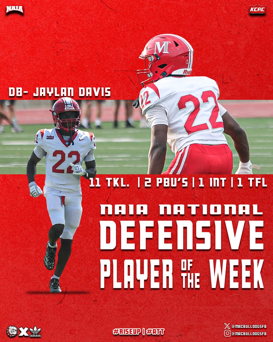 MAC_Bulldogs's tweet photo. But wait….there’s more 😳

Jaylan Davis has been named PrestoSports National Defensive Player of the week 🏈

#BulldogPride https://t.co/ck4PHxZZyE