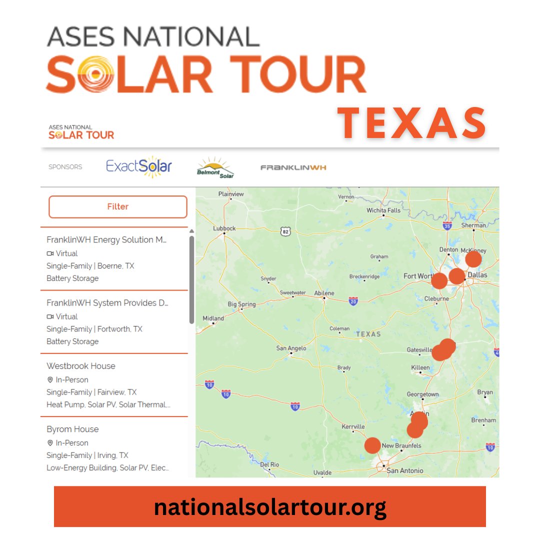 TXSES's tweet photo. The @ASES_Solar National #SolarTour showcase starts this weekend—Oct. 2–4!📣👏 It's the tour's 31st Anniversary  &amp; your chance to see #solar and #SustainableLiving up close &amp; in your community.
🔗Learn more &amp; see map: https://t.co/yNC9Vjtckc 
☀️Texas photo info: see comments https://t.co/9kCiTlsjnm