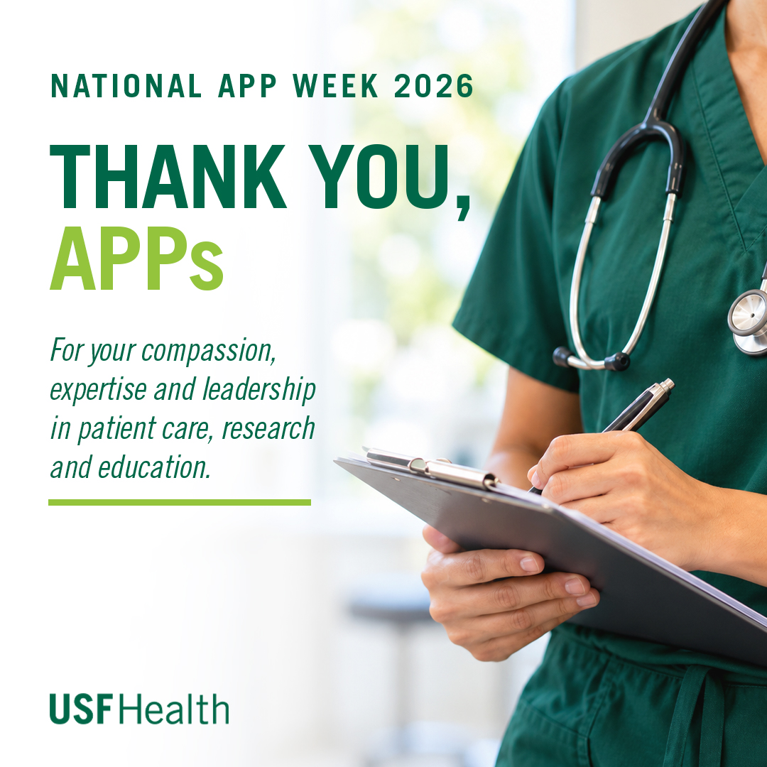 USFHealth's tweet photo. #NationalAPPWeek may be over, but our appreciation for USF Health’s advanced practice providers continues every day. 

To our nurse practitioners, physician assistants, clinical nurse specialists, certified nurse midwives and certified registered nurse anesthetists: thank you for the compassion, expertise and leadership you bring to patients, colleagues and trainees. 

Your work strengthens patient care, research and education across #USFHealth.