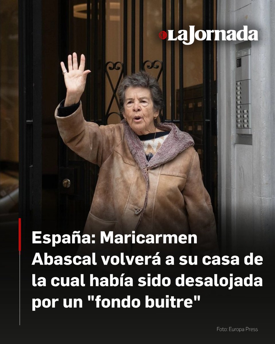 lajornadaonline's tweet photo. Maricarmen Abascal, la octogenaria que fue lanzada de su vivienda la semana pasada volverá finalmente a su casa. Sus representantes legales se reunieron con los de la empresa dueña de su antigua casa, Urbagestión, con la intermediación del Ayuntamiento de Madrid para buscar una fórmula para que pueda volver a vivir ahí.

Tras la reunión anunciaron que Maricarmen volverá finalmente a su casa, con lo que la movilización juvenil en defensa del derecho a la vivienda y contra los desahucios ha obtenido un primer e importante logro: que Maricarmen pueda volver a la que ha sido su casa durante 70 años.

Más información en: https://t.co/22HCdHl7OP